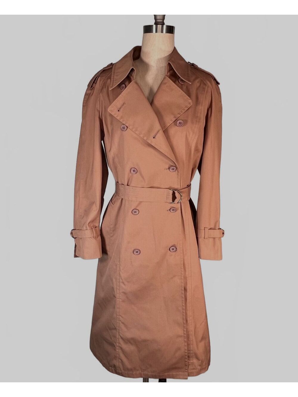 Vintage 80s London Fog Double Breasted Trench Coat Size 10 Petite Tan Belted